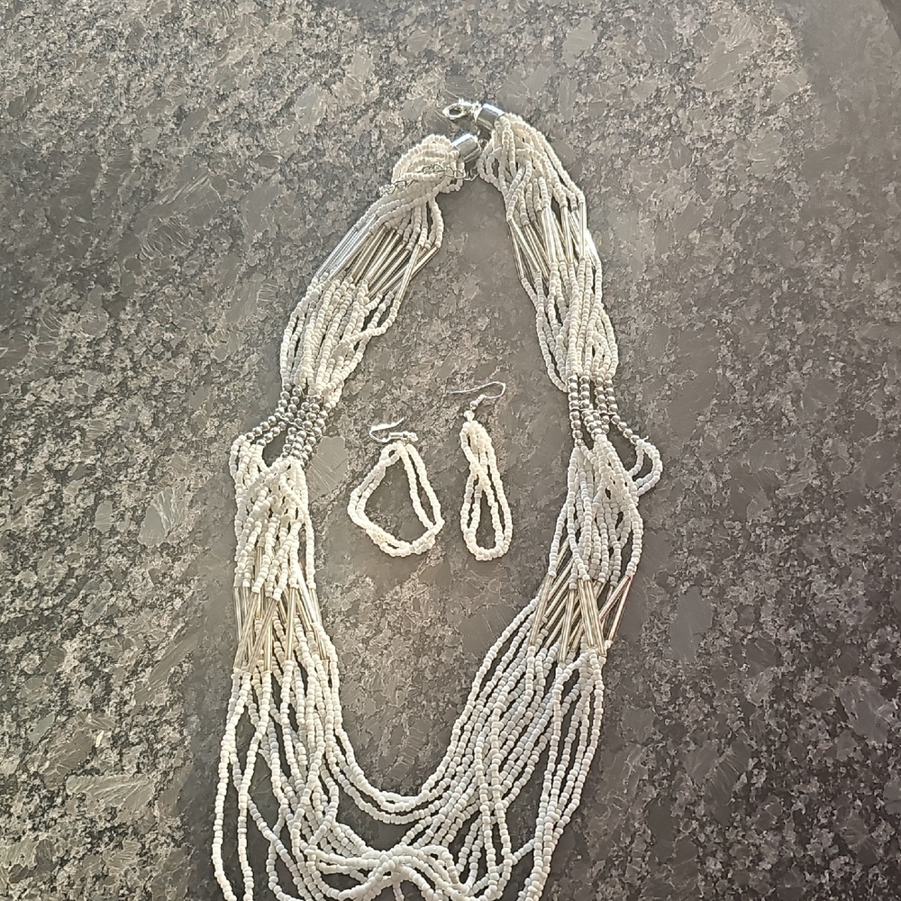 Paparazzi White Beaded Necklace and Earring Set